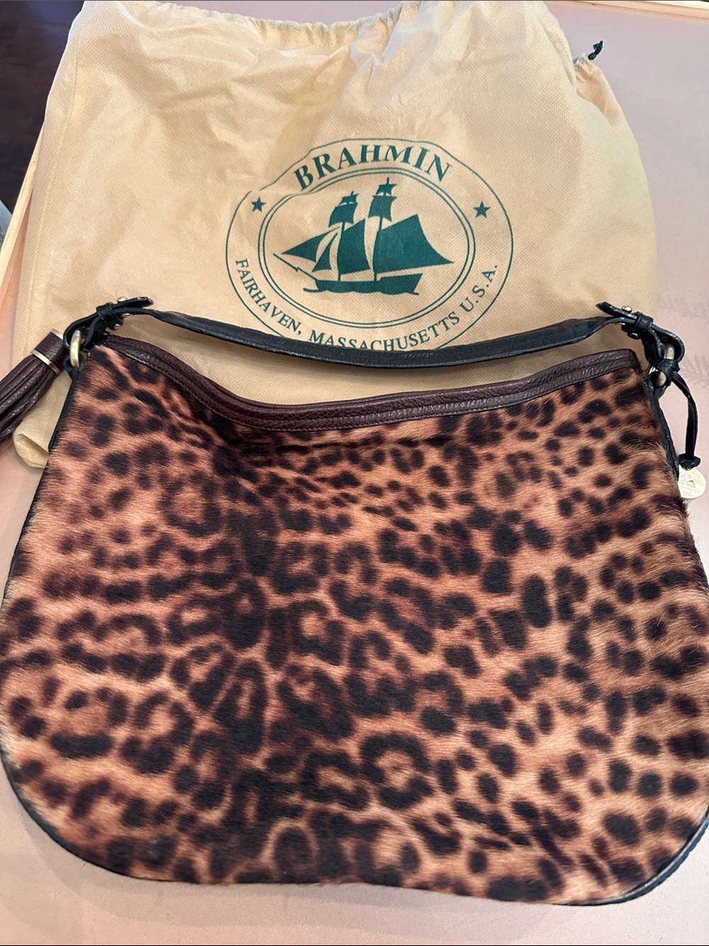 Brahmin Leopard-Print Shoulder Hobo in Brown and Black
